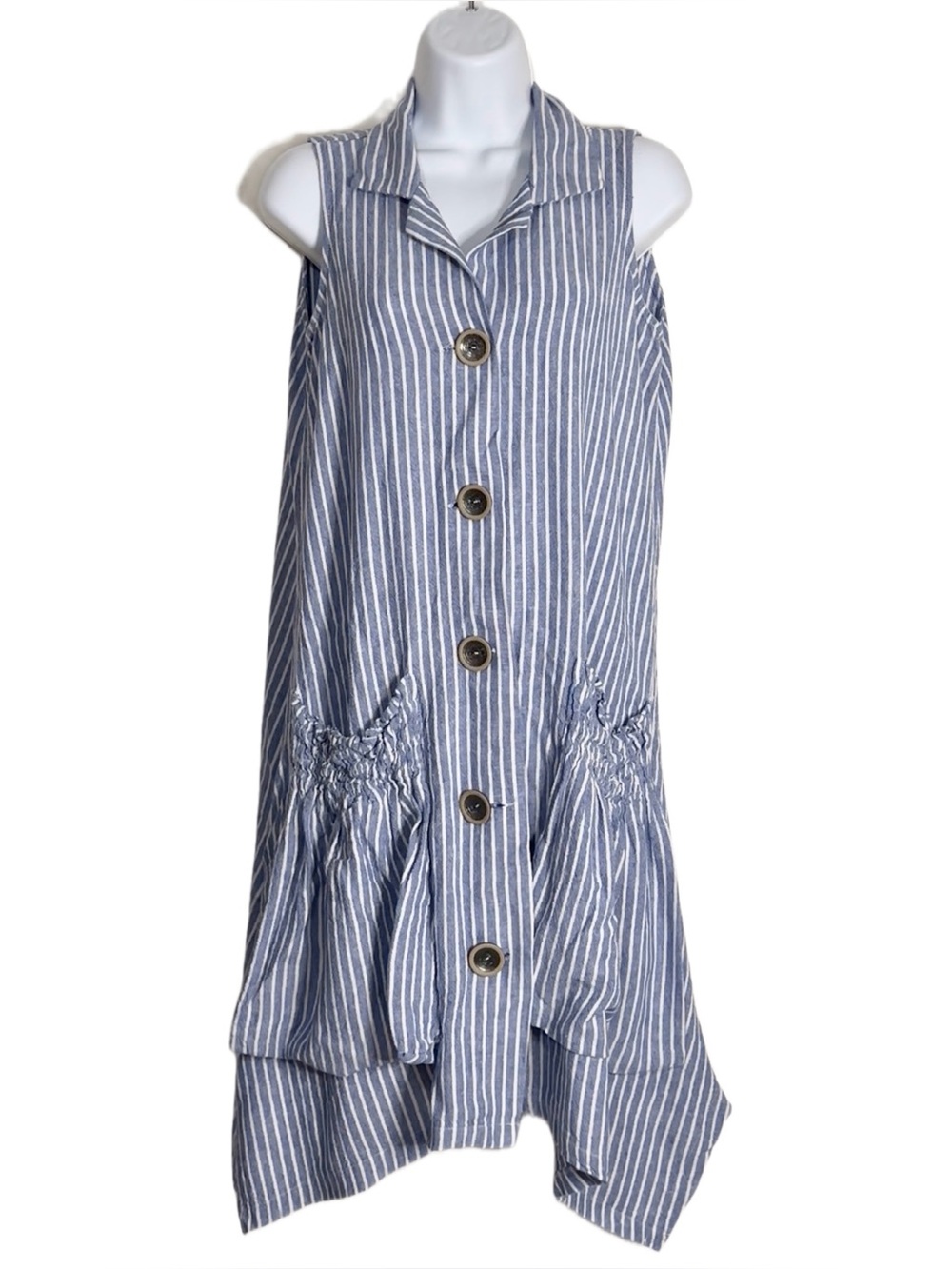 Forcynthia Sleeveless Flowy Linen Blue & White Stripe Button-Front Dress Size XS